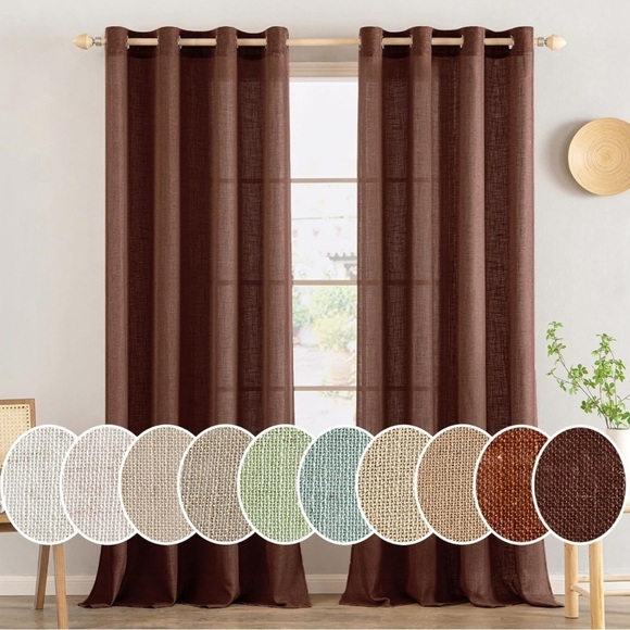 MIULEE CHOCOLATE BROWN LINEN CURTAINS 52x90 SEMI SHEER 2 PANELS NEW - Picture 1 of 9